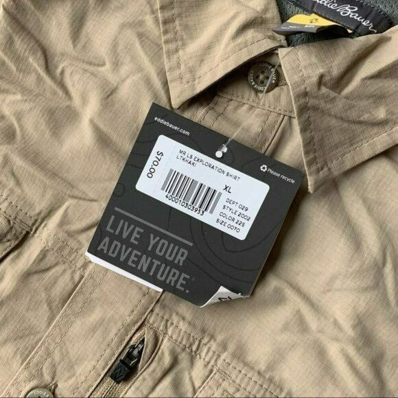 Eddie Bauer men's ripstop guide long sleeve exploration khaki button down shirt - Picture 4 of 9